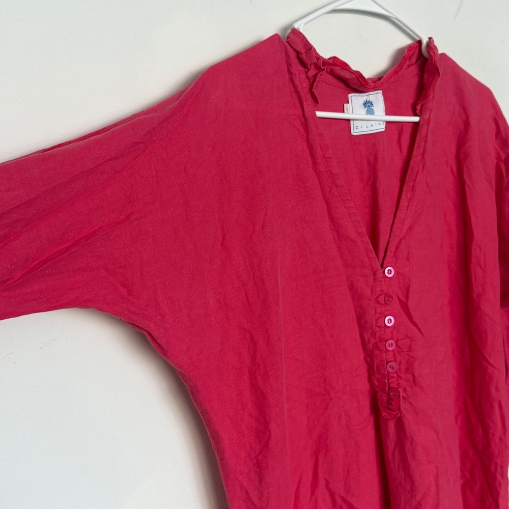 CJ LAING Pink Linen Ruffle V Neck Midi Dress Asymmetrical Hem Size L - Picture 5 of 9